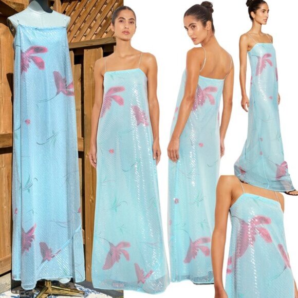 🆕 RAT & BOA 🧿 NWOT Marisol Blue Floral Printed Sequin Shimmer Maxi Dress SzXXL - Picture 1 of 12
